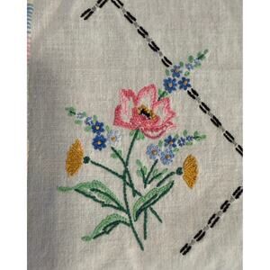 Vintage Embroidered Linen Doily Pastel Crochet Lace Floral